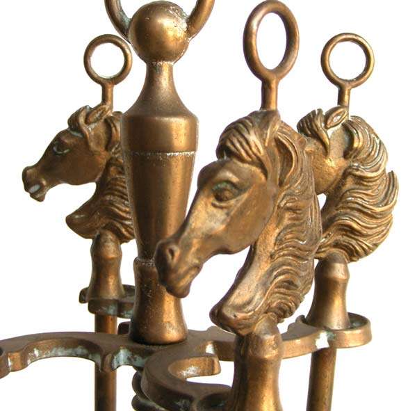 Beautiful Vintage full set of solid  brass fire tools on stand with horse's head motive