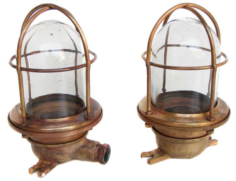 Pair of Genuine Old Solid Brass Maritime Bulkhead Lights - Nautical/Ship Ceiling or Wall mount light