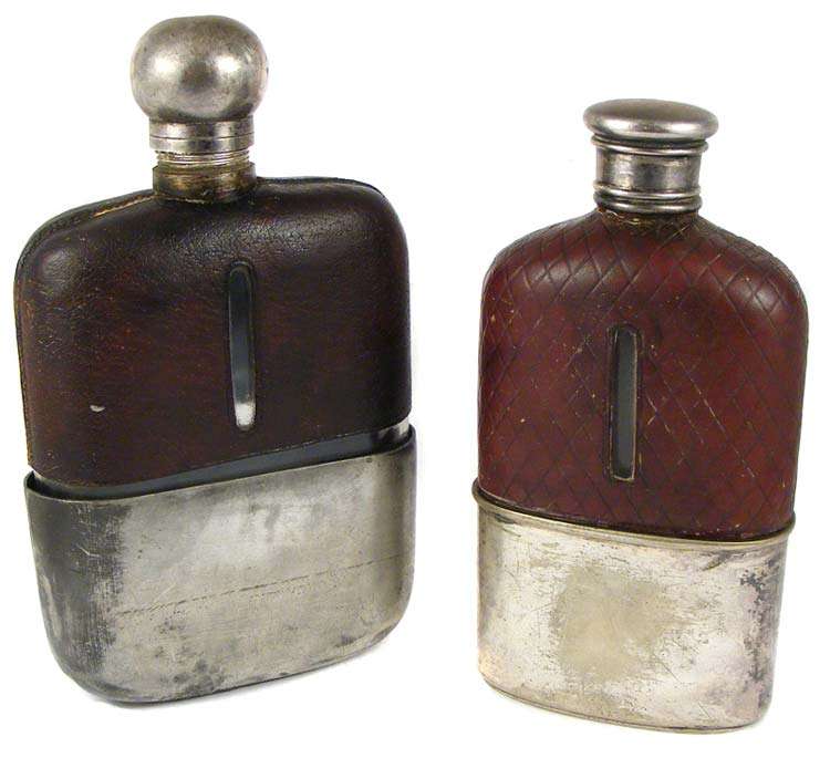 Beautiful old Pair of antique leather clad silver plated hip flasks