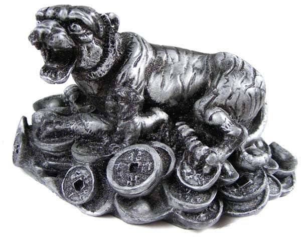 Small Detailed Chinese Money Tiger Statue - Solid resin - as new condition - old silver finish