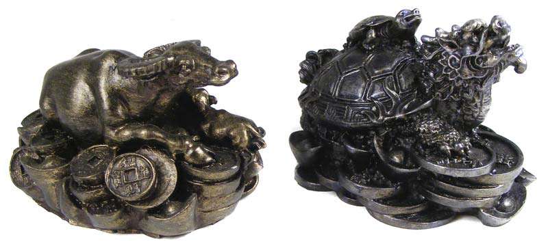 Chinese Money Turtle and Bull fugurines - Solid antiquated resin - as new