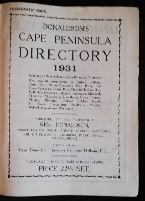 Donaldsons Cape Peninsula Directory (1931)