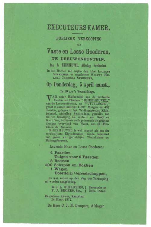 Flyer from Auction in Swellendam. c. 1877
