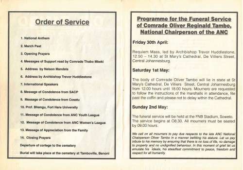 Programme for the Funeral Service of Comrade Oliver Reginald Tambo, ANC. c1993