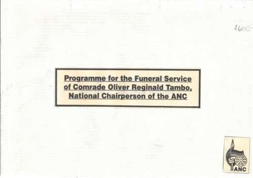 Programme for the Funeral Service of Comrade Oliver Reginald Tambo, ANC. c1993