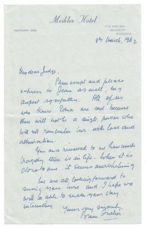 Letter to Judge Schreiner from Bram Fischer. c.1962.