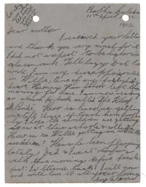 Letter from Prime Minister Schreiner to his famous mother. c.1902