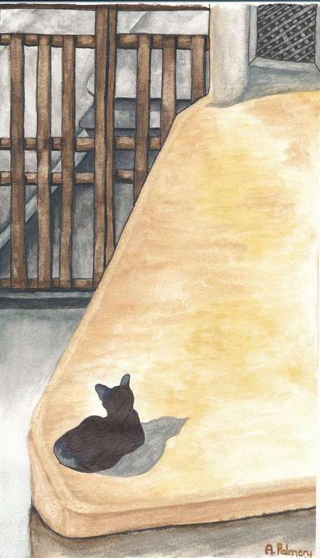 Original watercolour and pen painting of cat on roof, on Santorini island, Greece