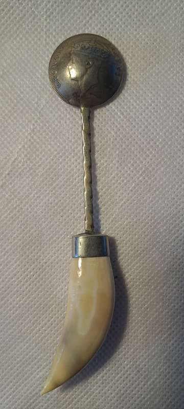 Vintage 1950 East Africa Shilling Silver Spoon with Tooth Handle
