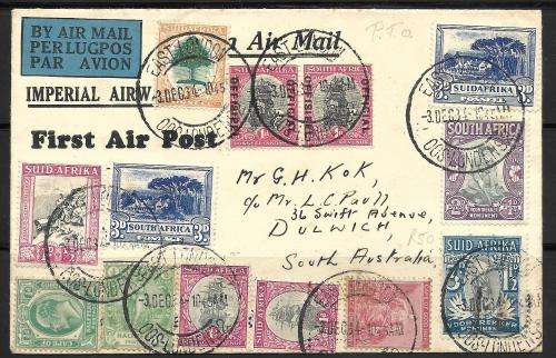 UNION - FIRST FLIGHT TO AUSTRALIA 1934 Rare Cover with 13 different stamps