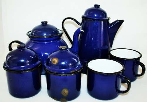 *ENAMEL * WOW VINTAGE BLUE ENAMEL COFFEE/TEA SET ! WOW ! LOOK !