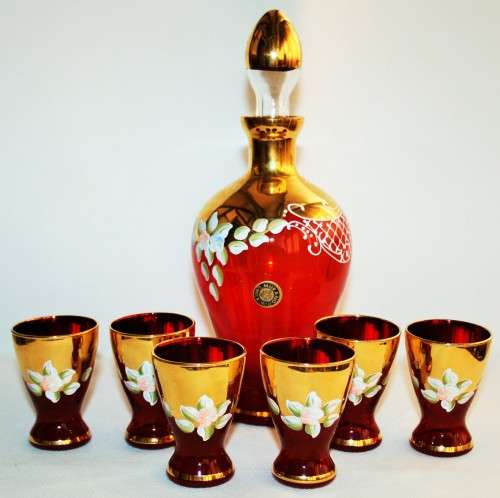 *MURANO GLASS ITALY*VERY RARE GENUINE CRANBERRY & GOLD MURANO GLASS DECANTER WITH SIX TUMBLERS !!!