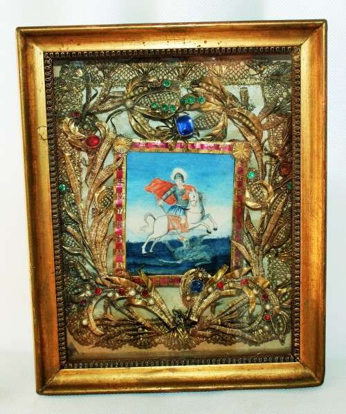 *RELIGIOUS *A VERY RARE ANTIQUE FRAMED RELIGIOUS KLOSTERARBEITEN OF SAINT GEORGE SLAYING THE DRAGON
