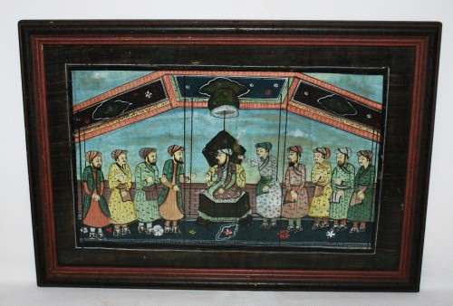 *PERSIAN *LARGE GENUINE EXCEPTIONAL ANTIQUE PERSIAN PAINTING ON FABRIC - ROYAL PALACE SCENE