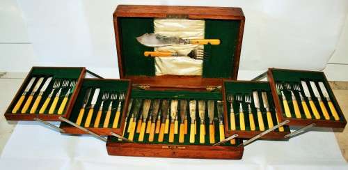 *CUTLERY* AMAZING ANTIQUE LARGE 50 PIECE CUTLERY IN ORIGINAL WOODEN DISPLAY BOX