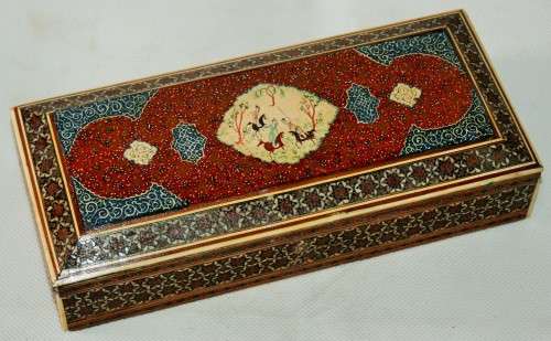*PERSIAN*ANTIQUE HAND PAINTED BONE INLAY PERSIAN LACQUERED BOX !