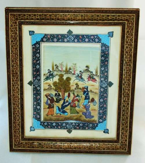 *PERSIAN*ANTIQUE LARGE BONE INLAY PERSIAN LACQUERED FRAME WITH SIGNED HAND PAINTED SCENE ON BONE !!
