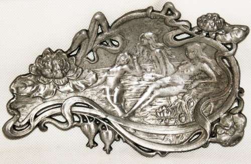 *ART NOUVEAU* BEAUTIFUL PEWTER ART NOUVEAU CARD TRAY WITH MAIDENS - MARKED  & NUMBERED