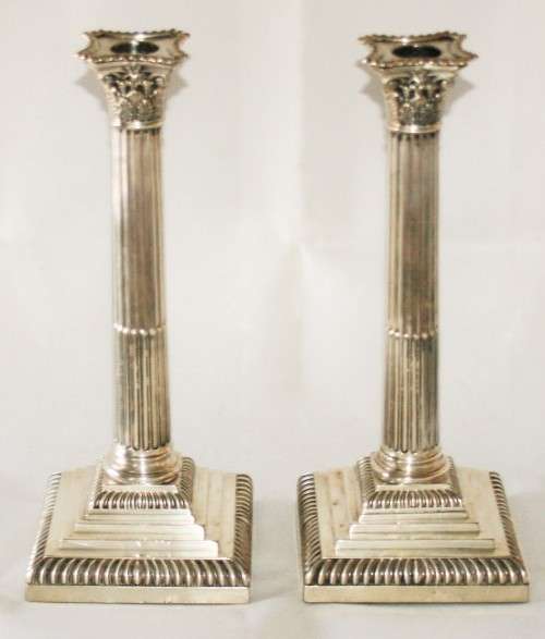 *HENRY STRAT*A SCARCE PAIR OF TALL HALLMARK SILVER SHEFFIELD CORINTHIAN PILLAR CANDLESTICKS!! R18500