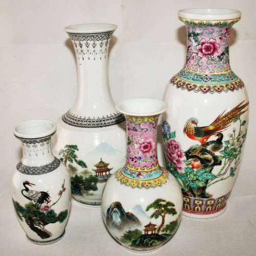 *ORIENTAL*LOT OF FOUR HAND PAINTED CHINESE PORCELAIN VASES