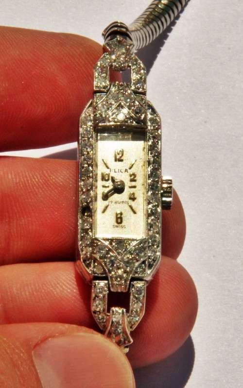 *ART DECO* SCARCE LADIES CIRCA 1960 PLATINUM,WHITE GOLD AND DIAMONDS WIND UP WRIST WATCH,HIGH VALUE!