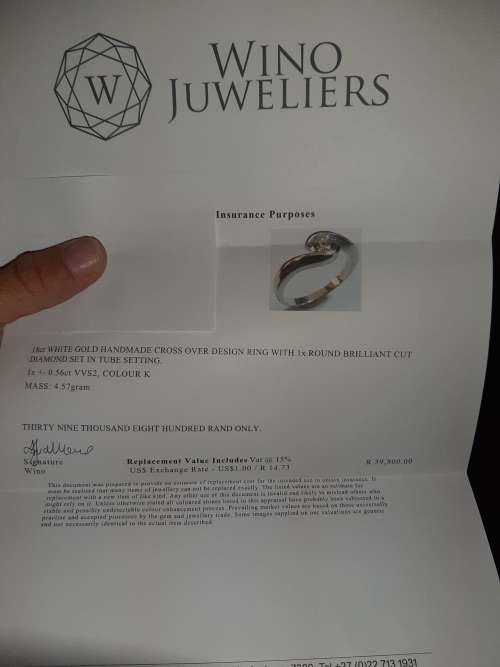 *DIAMOND*WOW!!!! VERY HIGH QUALITY/GRADE DIAMOND SET IN 18 CT WHITE GOLD - VALUTAION R39 800.00