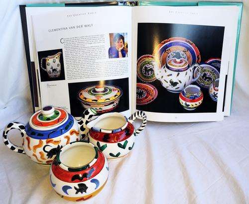 RARE ! CLEMENTINA VAN DER WALT CERAMIC STUDIO TEA POT , MILK JUG & SUGAR BASIN! WOW !!