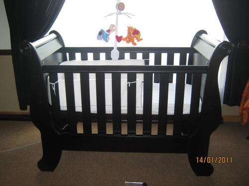 Sleigh cot, mattress, protector & musical mobile