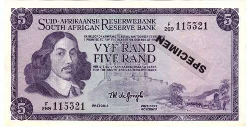 T W de JONGH  FIVE RAND SOUTH AFRICAN BANK NOTE 3rd ISSUE