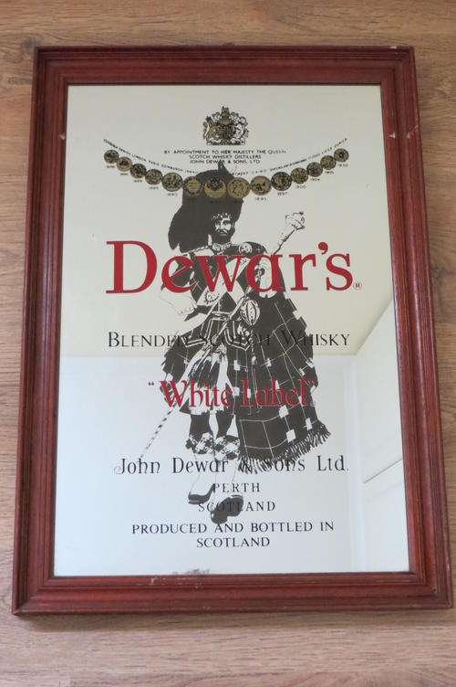 DEWAR'S SCOTCH WHISKY "WHITE LABEL" WOODEN FRAMED BAR MIRROR