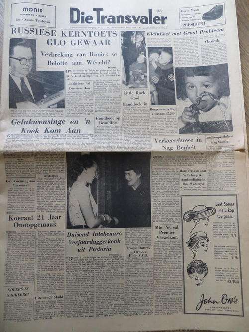 Original 1958 Die Transvaler Newspaper "Russiese Kerntoets Glo Gewaar"
