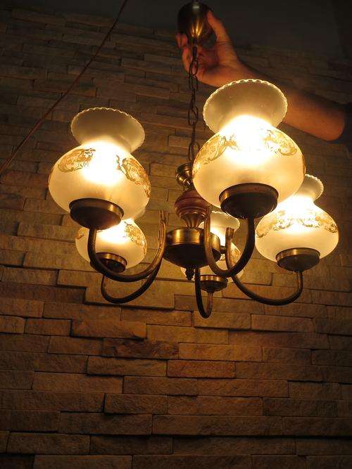 Vintage 5 Arm Chandelier Hanging Ceiling Light Fixture with Glass Lamp Shades...Stunner!