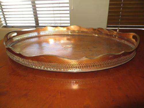 Large Antique Silver Plate On Copper Gallery Edged Tray (Family Crest Cairncross 1911-1961)