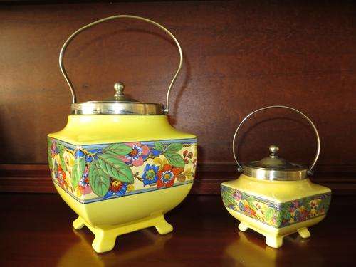 Matching Pair of Lancaster Hanley Art Deco Lidded/Footed Biscuit Barrel and Sugar Bowl. Beautiful!