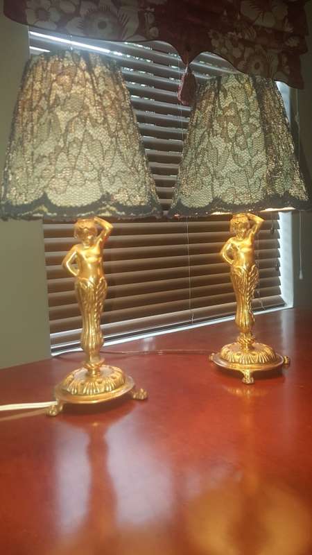 Magnificent Solid Brass Footed Art Nouveau Cherub/Cupid Table lamps...Beautiful Rare Pieces.