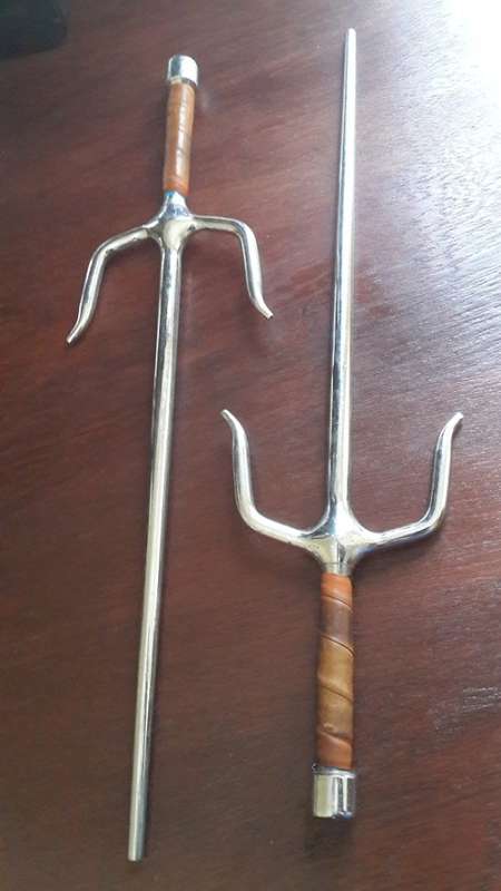 Pair of Sai Octagon solid chrome Steel Daggers with Brown leather wrapped handles