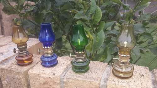 SET OF FOUR ASSORTED COLOUR MINI HURRICANE LAMPS