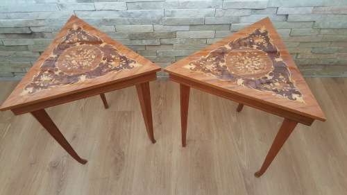 Pair of Gorgeous Vintage Musical Triangle Tables in Italian Marquetry