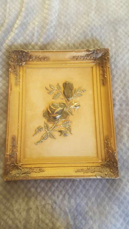Magnificent Antique Framed Wall Art of a fine metal sculptured rose..Beautiful Detail
