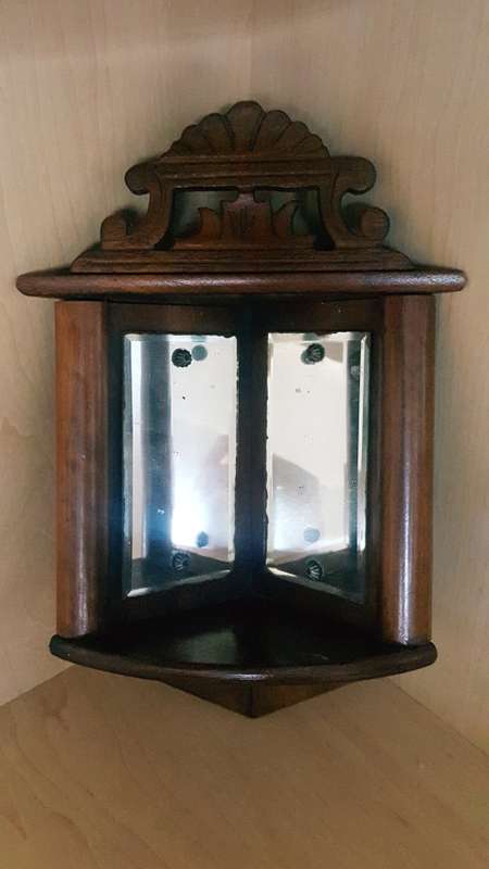 Miniature vintage Wooden corner two mirrored shelf