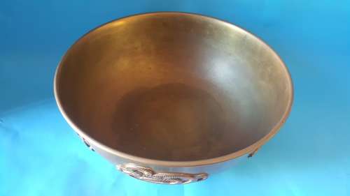 vintage large brass Chinese bowl featuring serpents and calligraphy