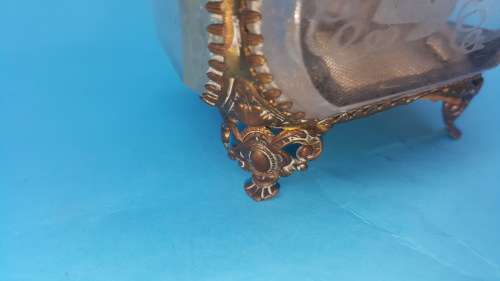 Antique French Beveled Glass Casket Trinket Box/Brass Filigree Footed