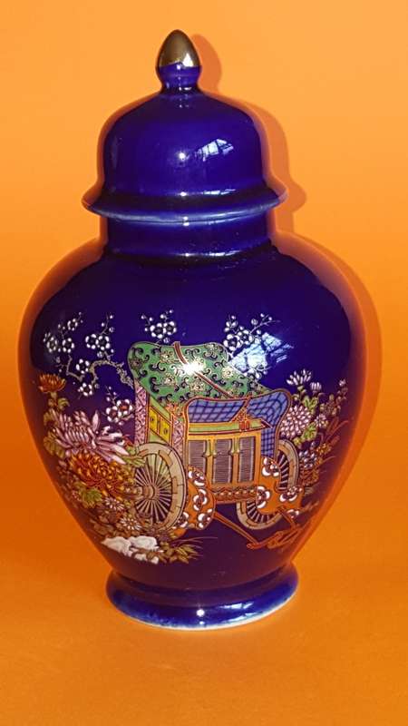 Vintage Oriental Cobalt Blue flower Cart Ginger Jar