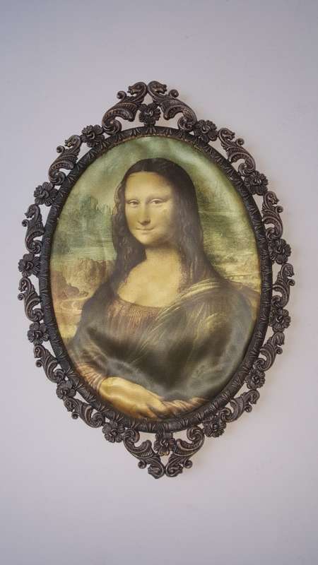 Vintage Oval Filigree Ornate Silk Wall Brass Frame of Mona Lisa
