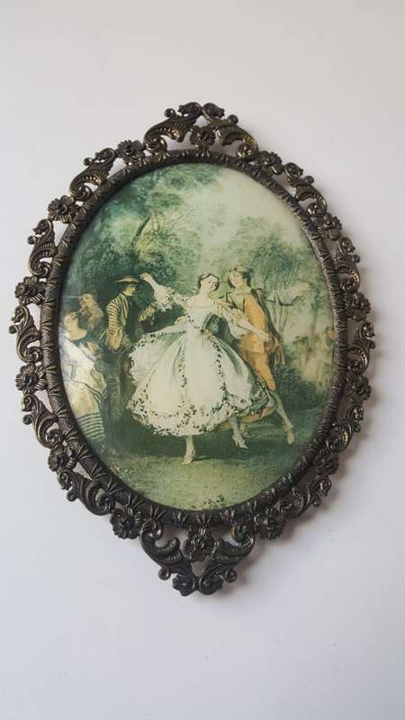 Large Vintage Oval Filigree Ornate Victorian silk Print Wall Brass Frame of Dancing Couple
