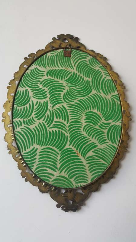 Large Vintage Oval Filigree Ornate Victorian silk Print Wall Brass Frame of Dancing Couple