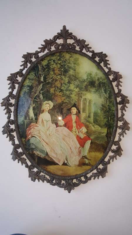 Large Vintage Oval Filigree Ornate Victorian Silk Print Wall Brass Frame of Romantic couple