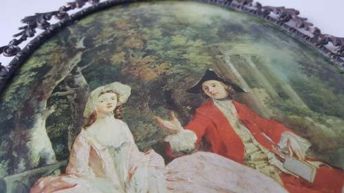 Large Vintage Oval Filigree Ornate Victorian Silk Print Wall Brass Frame of Romantic couple