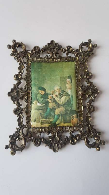 Vintage DEPOSE Italy Silk Print of 19th Century Scene Brass Frame