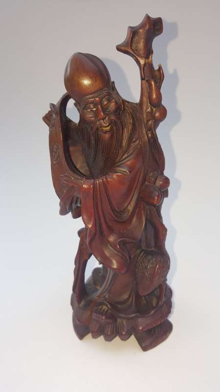 Vintage Chinese Hand Carved Wooden Man Statue Inlaid Eyes and Teeth